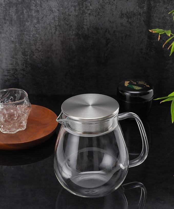 IwaiLoft Glass Teapot with Removable Stainless Steel Filter Lid Stovetop & Microwave Safe Borosilicate Glass Kettle for Loose Leaf, Blooming Tea And Coffee Sharing (24OZ) - Bloomnest