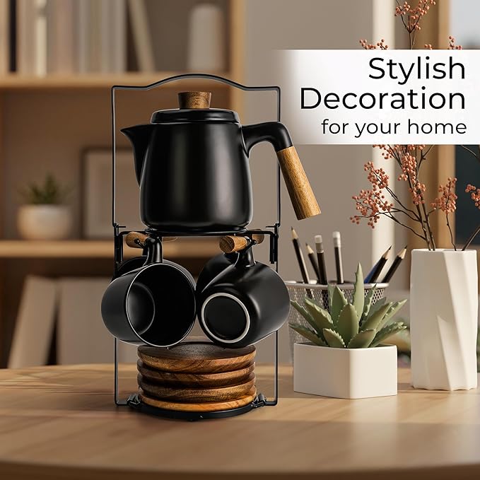 MIAMIO – 34 Oz Ceramic Tea Pot Set with Infuser and Cups/Tea Strainer, 4 Ceramic Tea Mugs (10 Oz), Bamboo Saucers/Handle for Home and Office (Black) - Bloomnest