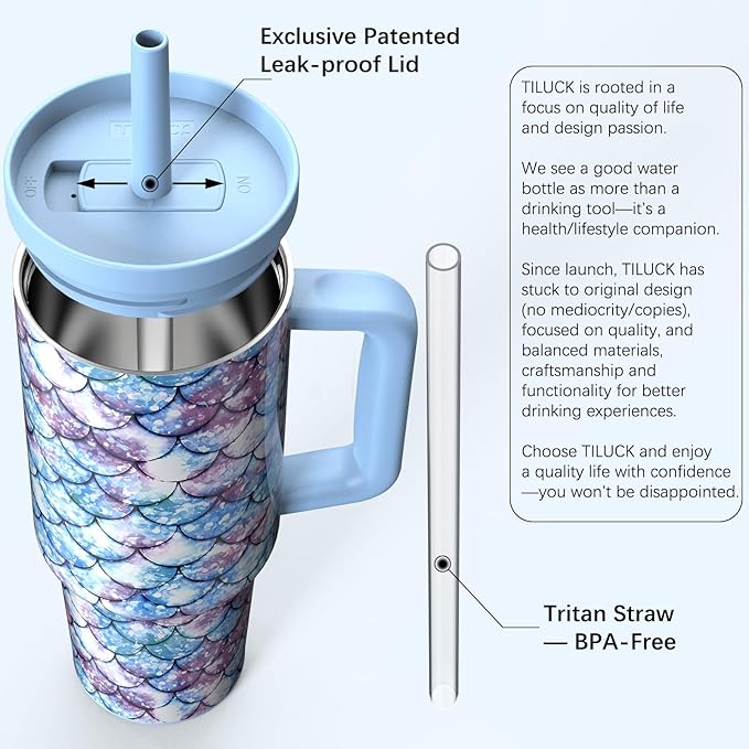 TILUCK 40 oz Tumbler with Handle, Vacuum Insulated Stainless Steel Travel Mug with 100% Leak-Proof Silicone Straw Lid, Cupholder Friendly Water Bottle(FishScales, 40oz) - Bloomnest