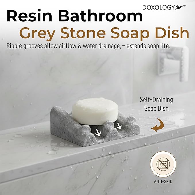 DOXOLOGY Gray Stone Marble Soap Dish Bathroom Organizer - Resin Soap Dish with Rectangular Design 3.7" L x 2.8" W - Self Draining Soap Dishes Keeps Countertop Neat - Marble Look Soap Tray for Sink - Bloomnest