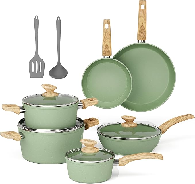 MAISON ARTS Pots and Pans Set Non Stick, 12 Piece Green Granite Kitchen Cookware Induction Compatible, Pot and Pan Sets for Cooking Nonstick - Bloomnest
