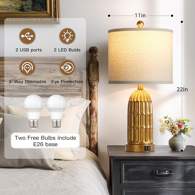 Table Lamps for Bedroom Set of 2, Farmhouse 3-Way Dimmable Touch Nightstand Lamp with 2 USB Charging Ports, Vintage Rustic Traditional Bedside Lamp for Living Room End Table - Bloomnest