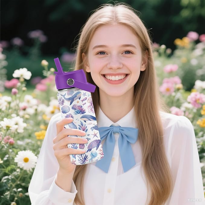 Ocean Gifts for Kids - 16 Oz Purple Water Bottle with Straw Lid, Stainless Steel Insulated Tumbler, Leak Proof, BPA-Free, for Girls & Boys, School, Beach - Marine Life Lovers Birthday Gifts (1pc) - Bloomnest