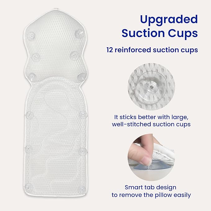 Bath Pillows for Tub Full Body, Large Mesh tub Pillow for Bathtub for Head, Neck and Back Support with Laundry Bag and Hanger for Quick Drying White - Bloomnest