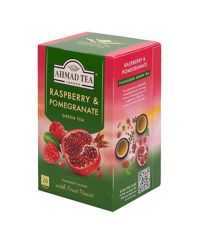 Ahmad Raspberry & Pomegranate Flavoured Green Tea with Fruit Pieces 20 Bags - Bloomnest
