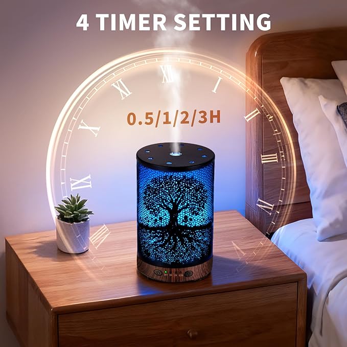 Essential Oil Diffuser 120ML Metal Aromatherapy Diffuser with Timer, Cool Mist Humidifier with Auto Shut-Off & 7 Color Lights for Home Office Spa (Life Tree) - Bloomnest