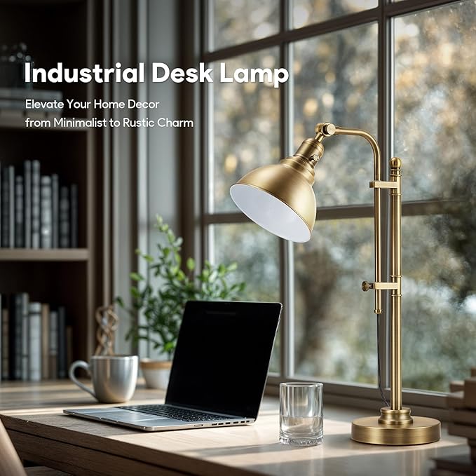 VONLUCE Rustic Desk Lamp Gold Adjustable, Industrial Style Metal Task Lamps 25"-29", Vintage Work Light, Farmhouse Reading Lamp in Brushed Gold Finish, ETL Certificate - Bloomnest