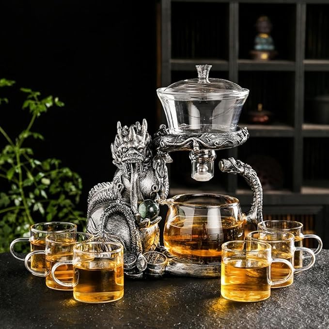 Glass Teapot Set with Infuser Semi Automatic Dragon Tea Set with 6 Small Cups (silver dragon) - Bloomnest