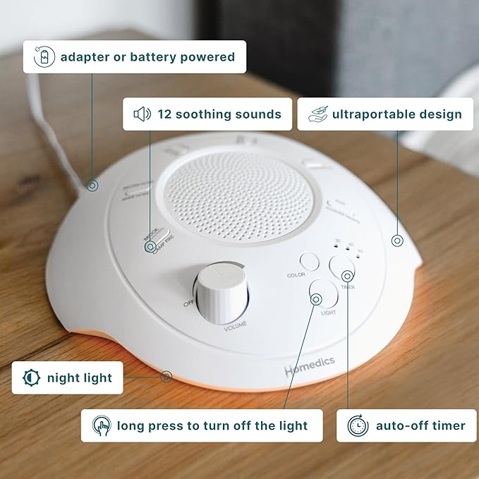 Homedics Sleep Better Portable Sound Machine, Night Light,12 Soothing Sounds Including White Noise, Rain, and Thunderstorm, Ultra-Portable Design, Auto-Off Timer, Ideal for Travel & Baby Sleep - Bloomnest