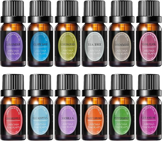 100% Natural Pure Essential Oils Set - Top 12 Organic Undiluted Oils for Aromatherapy Diffuser Plant Therapy,Candle Making,Laundry Fragrance,Humidifiers,Skin Care (0.33 Fl Oz 12 Pack) - Bloomnest