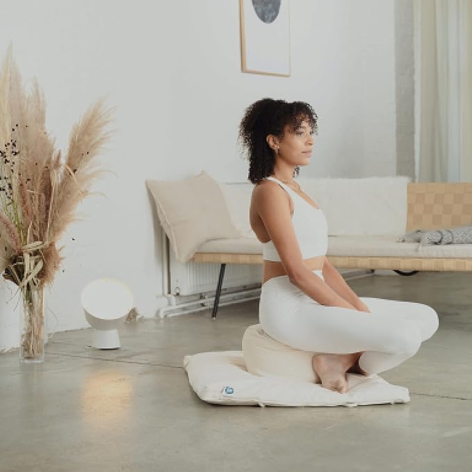 (Height 6.5") Round Zafu Yoga Bolster for Gymnastics & Meditation Made in the EU - Light Beige 100% Natural Cotton Yoga Meditation Buckwheat Meditation Cushion with Washable Covers - Bloomnest