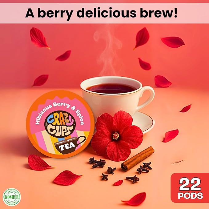 Crazy Cups Hibiscus Berry & Spice Herbal Tea Pods, 22 Count, Caffeine Free, Kosher Certified, Fruity & Spiced Blend with Cinnamon, Ginger & Clove | K Cup Compatible, Hot or Iced Herbal Tea - Bloomnest