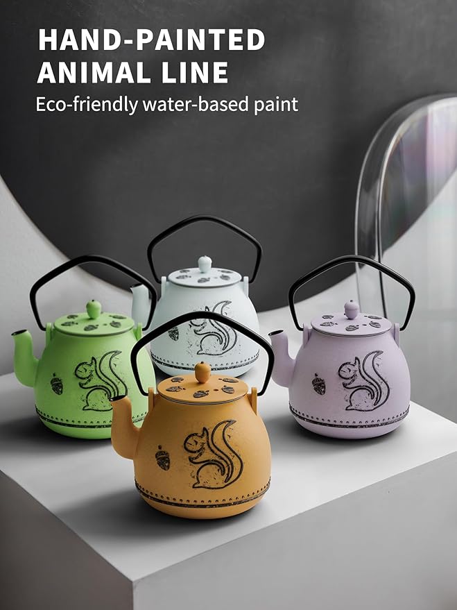 Toptier Teapot with Removable Infuser, Cast Iron Tea Kettle Stovetop Safe, Squirrel Design Tea Pot Coated with Enameled Interior for 32 Ounce (950 ml), Purple - Bloomnest