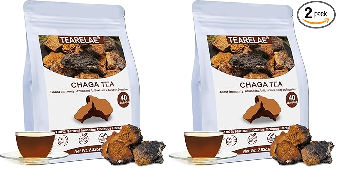 TEARELAE - Chaga Tea - 2g x 40 Count - Wild Harvest from Siberia - 100% Pure Natural Chaga Mushroom Tea Bag - Additive-Free - Non-GMO - Caffeine-free (Pack of 2) - Bloomnest