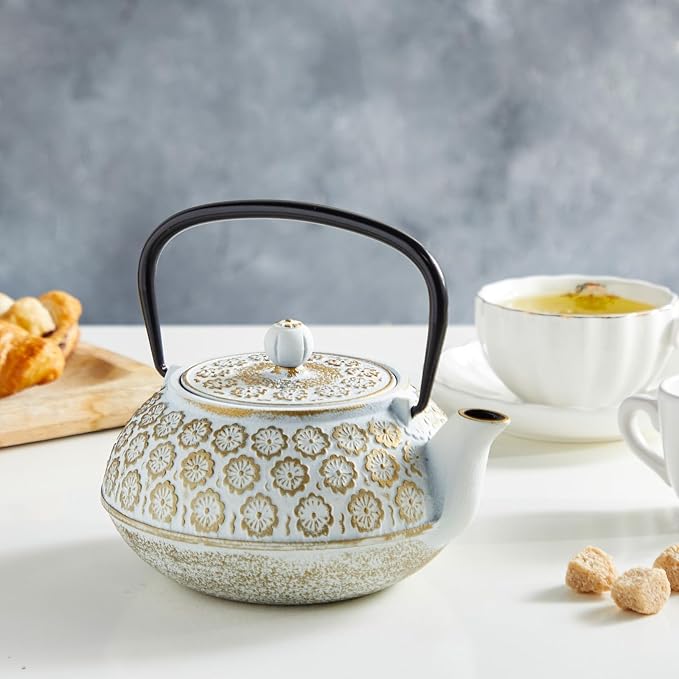 Juvale Floral Cast Iron Teapot - 34 oz, White - With Stainless Steel Infuser & Warmer - Japanese Kettle for Loose Leaf Tea - Stovetop Infuser Kettle