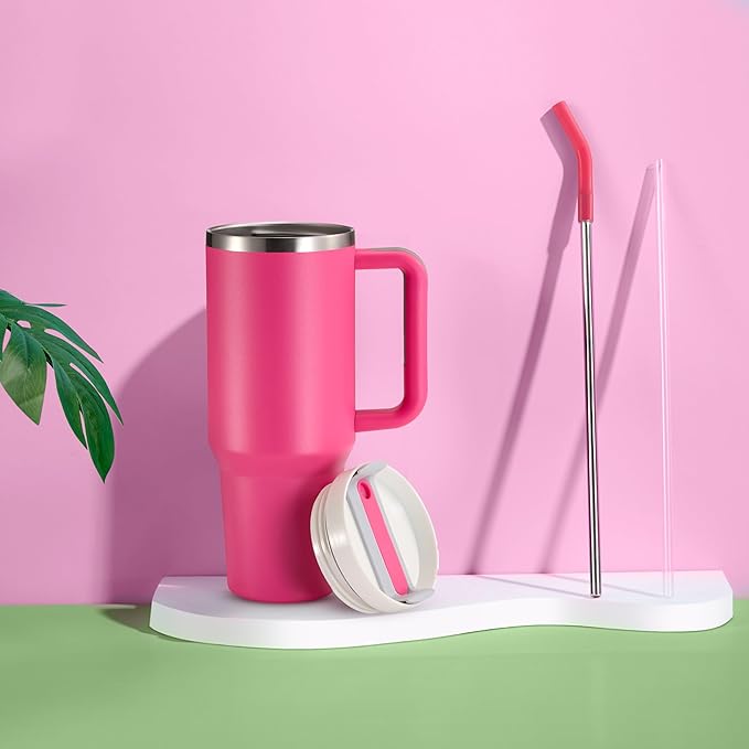 KooK Stainless Steel Tumbler, with Straw and Handle, Leakproof, Vacuum Insulated Travel Coffee Mug, Reusable Double Walled Water Bottle, Keeps Hot or Cold, 40 oz, Bubblegum Pink - Bloomnest