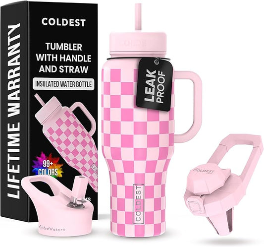 Coldest Tumbler with Handle and Straw - 100% Leak Proof Insulated Tumbler with Lid and Straw (3 Lids) - Stainless Steel Tumblers for Women & Men - Cup Holder Friendly Base, 36 oz (Pink Checkers) - Bloomnest