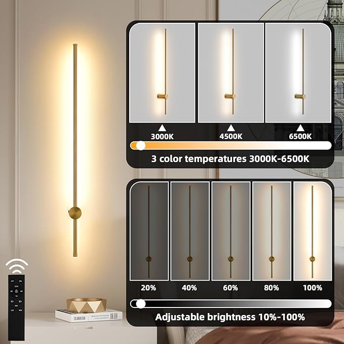 Battery Operated Wall Sconce USB Rechargeable Sconces, 39.3" Brushed Gold Wireless Wall lamp Set of 2, 3000K-6000K & Dimming with Remote Control, LED Wall Lights for Living Room, Bedroom - Bloomnest