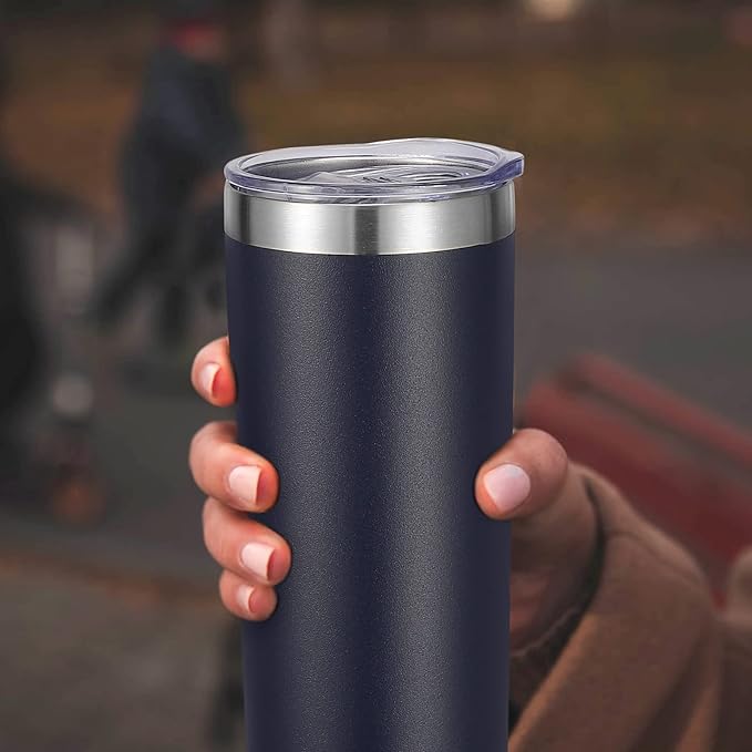 VEGOND Stainless Steel Skinny Tumbler, 20 oz Vacuum Insulated Tumbler with Lid and Straw, Double Wall Coffee Cup, Travel Mug for Cold Hot Drinks, Navy Blue 1 Pack - Bloomnest