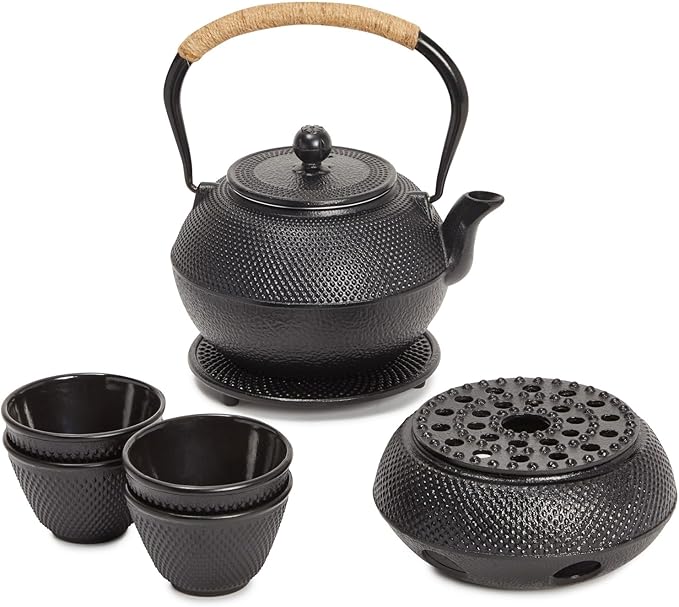Juvale Tea Kettle Stovetop Japanese Cast Iron Tetsubin - 40 oz, Black - Cast Iron Tea Set & Teapot with Loose Leaf Infuser, Warmer & 4 Cups, Trivet - Bloomnest