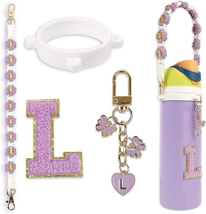 Compatible with Owala Water Bottle Accessories, Cute Letter Charm Set with Boho Handle Strap, Monogram Sticker, Silicone Ring, Keychain Decoration, for FreeSip 24 32 40oz, Owala Kids, Tumbler Gift SITKOL