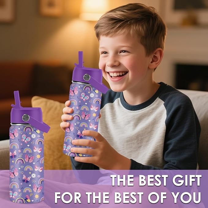 Butterfly Gifts - 16oz Purple Kids Water Bottle with Straw Lid, Stainless Steel Insulated Tumbler, Leakproof, BPA-Free, for Girls, School, Travel - Butterfly Rainbow Themed Birthday Gift Cup (1pc) - Bloomnest