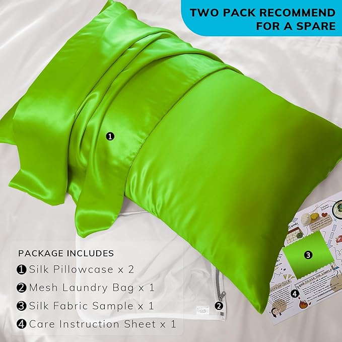 PROMEED 23 Momme Silk Pillowcase 2 Pack with Zipper, 3rd Gen Grade 6A+ 100% Mulberry Silk Pillow Case Set of 2,Silk Cooling Pillow Cases for Hot Sleepers (King 20"x36", Green) - Bloomnest