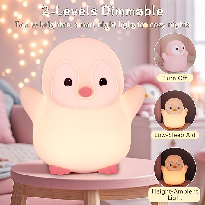 Pink Penguin Night Light,Food Grade Soft Silicone Nursery Nightlight for Baby,LED Squishy Novelty Animal Bedside Lamp,Rechargeable/Dimmable/Timer,Funny Gifts for Kids Girls Adults Teens - Bloomnest