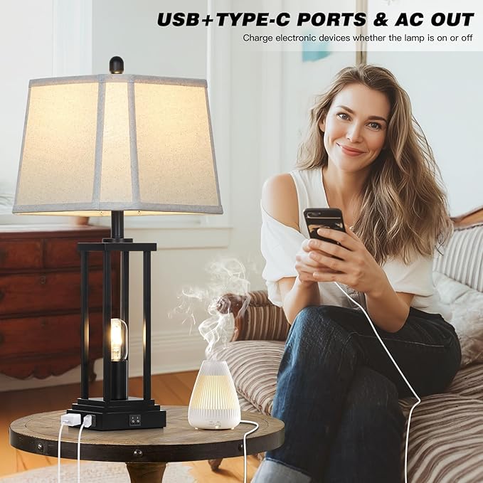 27" Tall Farmhouse Table Lamps with Bell Lampshade, Black Industrial Living Room Lamps Set of 2 with Night Light, Rustic Bedside Lamp with USB C+A Port & AC Outlet, Vintage Bedroom Lamp for Nightstand - Bloomnest