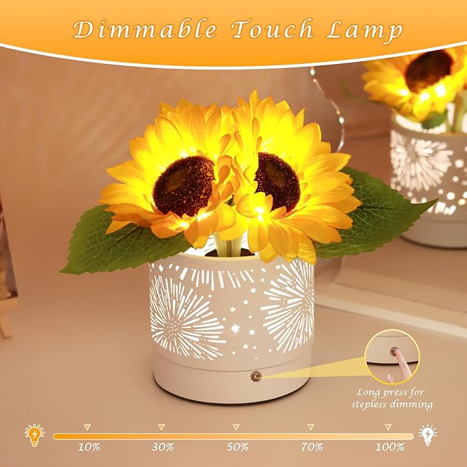 Birthday Gifts for Women,Sunflower Flower Touch Lamp,Rechargeable Cordless Lamp 3-Colour Dimming Night Light for Festival,Restaurant,Bedroom,Office Home Decor Gifts for Women Mom - Bloomnest