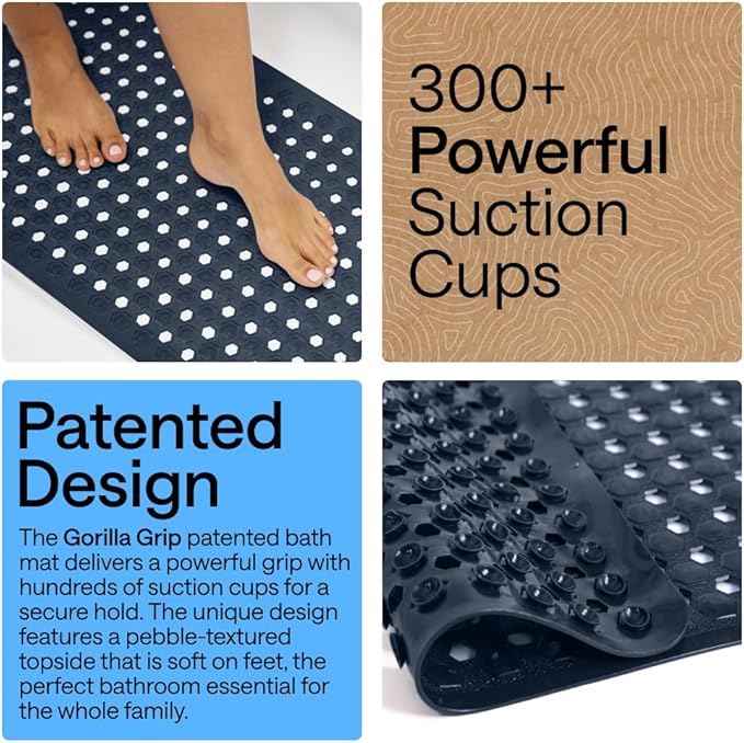 GORILLA GRIP Patented Bath Tub Shower Mat, Machine Washable Bathtub Floor Liner Mats, Suction Cups and Drain Holes to Keep Tubs Clean, Soft on Feet, Bathroom Essentials, 35x16 Inch, Navy Opaque - Bloomnest