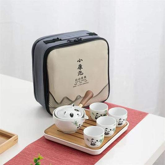 Ceramic Portable Travel Tea Set, Chinese Kungfu Tea Set with 360 Rotation Teapot and Infuser, 4 Tea Cups, Tea Tray And Travel Bag (Panda)