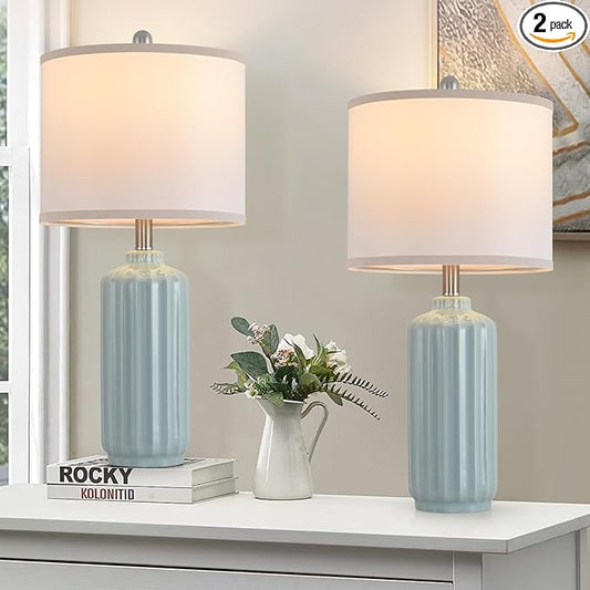 Lamp for Living Room Bedroom Lamps Farmhouse Table Lamps Set of 2 Vertical Stripe Ceramic Table Lamp,Linen Shade with Bulb, 25 in High,Light Blue - Bloomnest