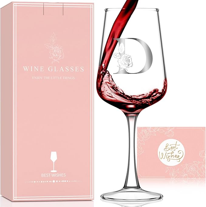 Valentines Day Gifts for Her Women - Personalized Initial Wine Glasses Custom Gift, Galentines Gift Christmas Mothers Day Birthday Gifts for Women Her Mom Wife Best Friend Sister (D) - Bloomnest