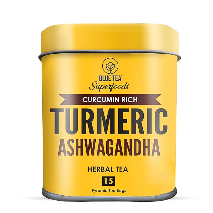 BLUE TEA - Turmeric Tea - Ashwagandha - 15 Count - Plant Based Tea Bag | CURCUMIN RICH - HERBAL BLEND | Herbal Tea - Caffeine Free - Non-GMO - Vegan - Gluten Free - No Sugar | Reusable Tin Pack - Bloomnest