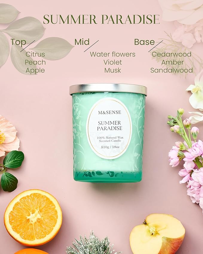 M&SENSE Summer Paradise Scented Candle, Cracking Wooden Wick Soy Wax, 18oz 100 Hours Long Lasting Clean Burn, Large Jar Candles for Home Decor, Non-Toxic Relaxing Aromatherapy Gifts for Women - Bloomnest