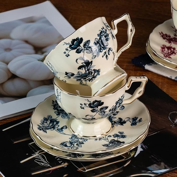 KAMMAK Tea Cups and Saucers Set of 2, Porcelain Coffee Cups, 6.8-Ounce Stackable Espresso Mugs, Ceramic Demitasse for Coffee, Latte, Americano, Tea, Blue Orchid - Bloomnest