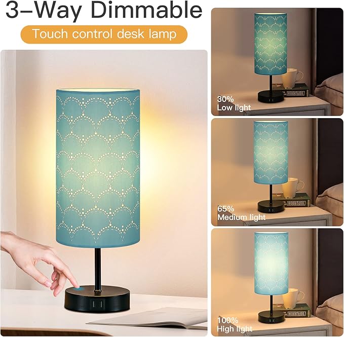 Touch Control Bedside Lamp with 2 USB Ports, 3-Way Dimmable Table lamp for Bedroom, Nightstand Lamp with Round Blue Fabric Shade for Living Room Home Office (E26 LED Bulb Included) - Bloomnest