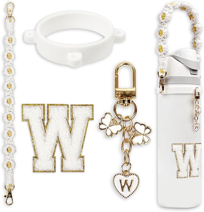 Compatible with Owala Water Bottle Accessories, Cute Letter Charm Set with Boho Handle Strap, Monogram Sticker, Silicone Ring, Keychain Decoration, for FreeSip 24 32 40oz, Owala Kids, Tumbler Gift SITKOL
