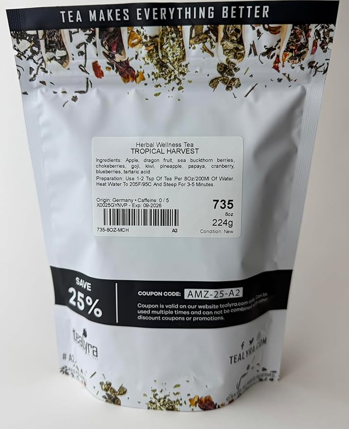 Tealyra - Tropical Harvest - Dragon Fruit - Sea Buckthorn - Goji - Pineapple - Cranberry - Fruity Herbal Loose Leaf Tea - Caffeine Free - Hot or Iced - 224g (8-ounce) - Bloomnest
