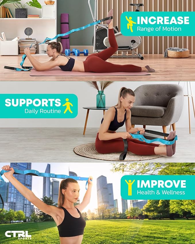 Stretching Strap with Loops - Non Elastic Stretch Band for Physical Therapy, Yoga Strap for Stretching Equipment, Stretch Bands for Exercise and Flexibility - Fascia, Hamstring & Leg Stretcher Belt