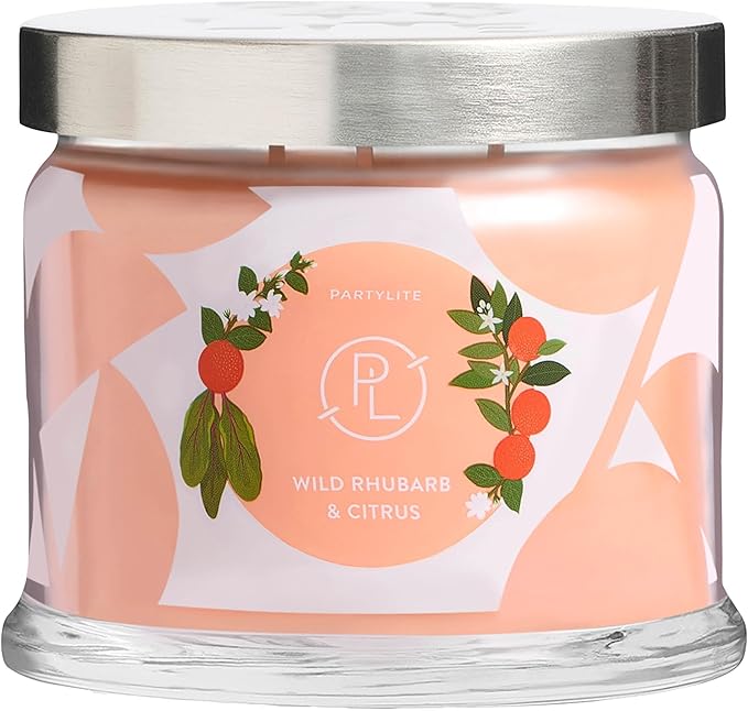 PartyLite Wild Rhubarb & Citrus Scented, Notes of Jasmine, Rhubarb and Creamy Sandalwood and White Musk, 13.2oz 3-Wick Jar Candle, 45 Hour Burn Time, Luxurious Fragrance, Ideal for Gifting - Bloomnest