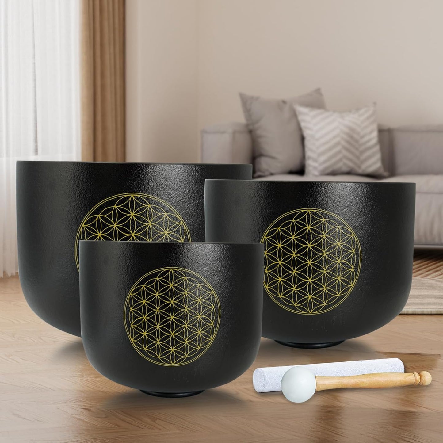 8"B 10"F 12"C Set of 3 Life of Flower Black Singing Bowls Frosted Chakra Quartz Sound Healing Crystal with 1 Mallet Suede 1 Striker 3 O-rings