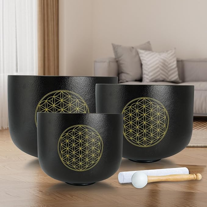 8"B 10"F 12"C Set of 3 Life of Flower Black Singing Bowls Frosted Chakra Quartz Sound Healing Crystal with 1 Mallet Suede 1 Striker 3 O-rings - Bloomnest