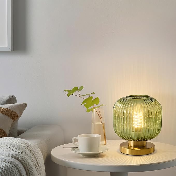 Small Green Glass Table Lamp: Mid Century Modern Dimmable Nightstand Lamps - Vintage Decor Brass Desk Lamp with Plug - Ribbed Glass Bedside Tables Lamps for Bedroom Living Room Office Bulb Excluded - Bloomnest