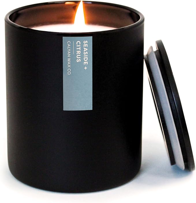 Calyan Wax Co. Seaside & Citrus Scented Candle - 75 Hour Burn - Luxury Non Toxic Soy Wax Candles - Long Lasting Black Tumbler Jar Candle for Home - 10.2oz - Bloomnest