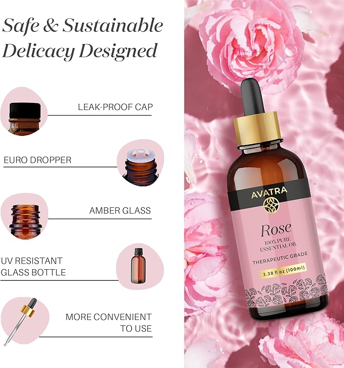 Avatra Rose Essential Oil 100ML (3.38 OZ) with Glass Dropper and Travel Bottle, Pure and Natural Therapeutic Grade Lavender Oil for Diffuser, Aromatherapy, Massage, and DIY Candle Products - Bloomnest