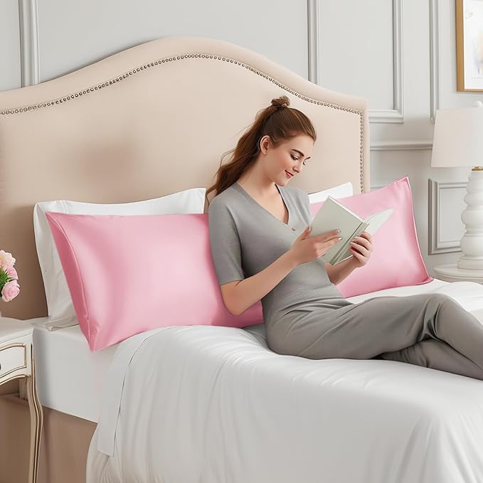 INFIIXSO Body Pillow Cover with Zipper, Luxury Mulberry Silk Body Pillow Case 20x54 Inches, Ultra Smooth and Soft Cooling Long Pillowcase, Gift for Women, Men(Pink) - Bloomnest