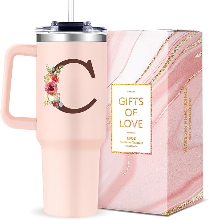 Monogrammed 40oz Tumbler with Handle for Women, Personalized Birthday Gifts for Women,Initial Cups for Woman Floral Letter C,Customized Gifts for Female Lady Gift for Mothers Day Christmas - Bloomnest