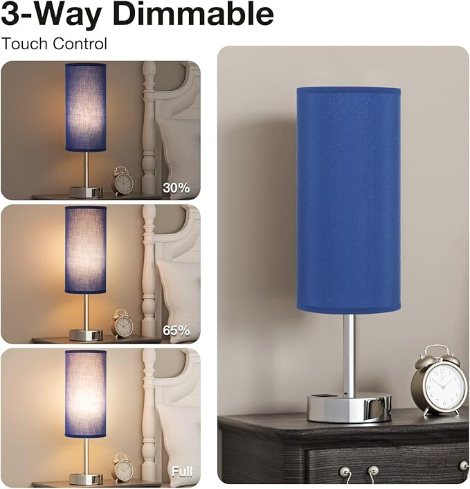 Navy Blue Touch Lamp for Boys - Small Nightstand Lamp with USB-C and USB Charging Ports, 3 Way Dimmable Bedside Table Lamp with Fabric Shade Silver Base for Nursery, Dorm, Office, Reading - Bloomnest